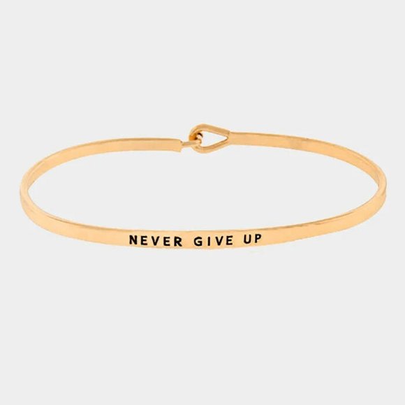 Message Bracelet Thin Hook Bangle NEVER GIVE UP Inspirational GOLD - Picture 1 of 2